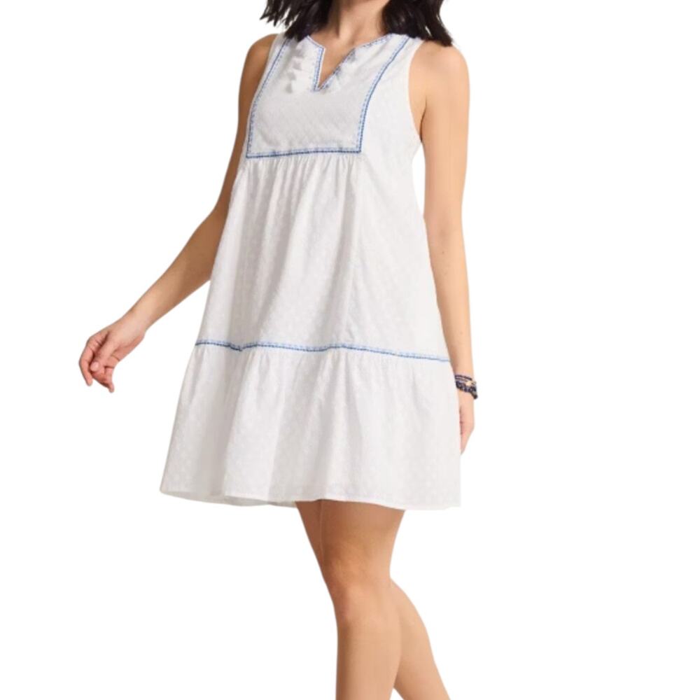 Tommy Bahama Cotton Clip Tiered Embroidered Mini Dress White Tassel Tank Small